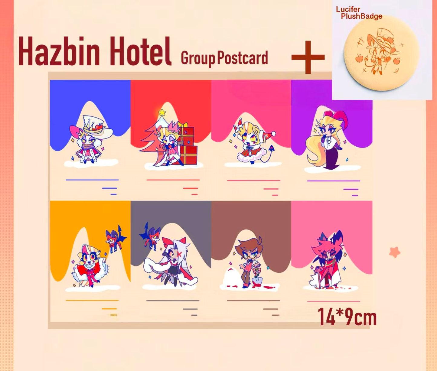 Group Postcard & Lucifer Plush Badge