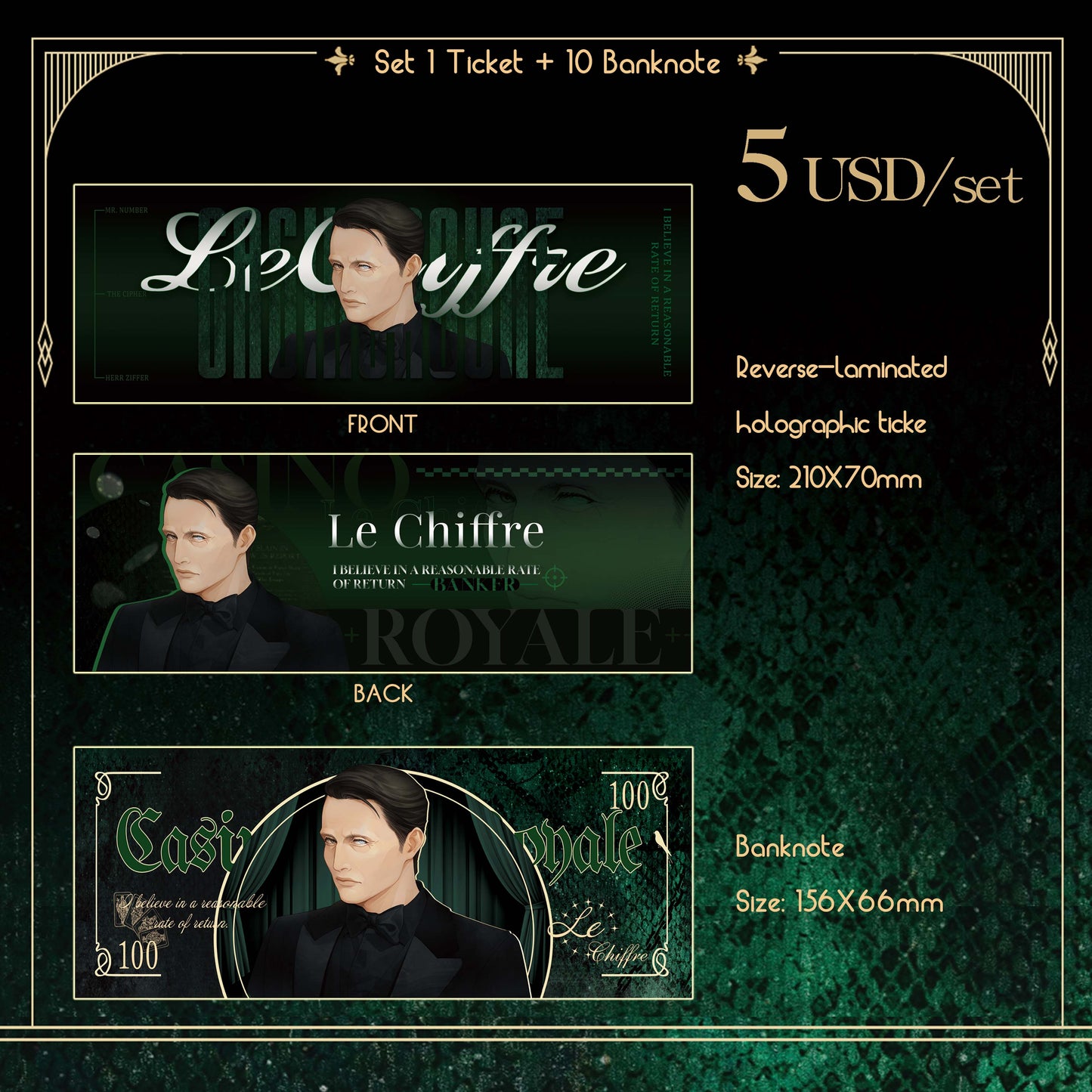 [In Stock] Le Chiffre Reverse-laminated holographic ticket + 10 Banknotes