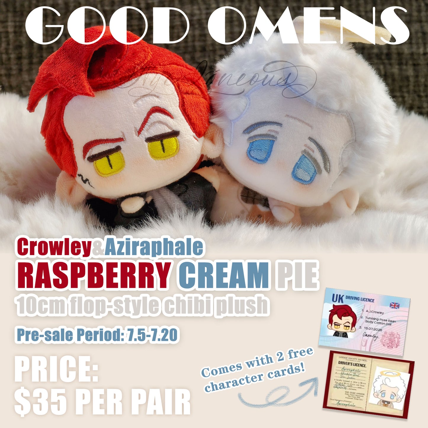 [Pre-order] Crowley × Aziraphale Raspberry Cream Pie flop-style chibi plush