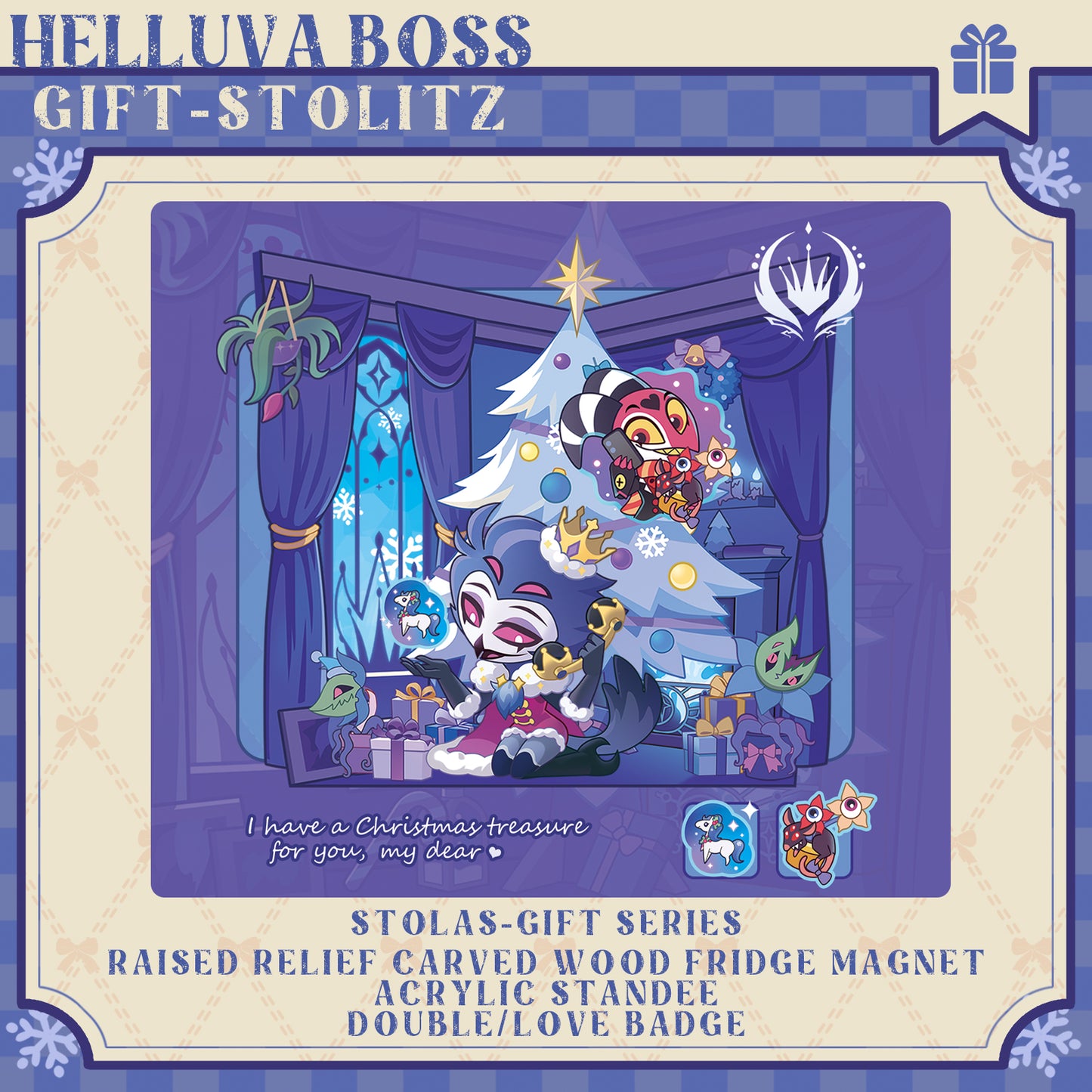 Helluva Boss-stolitz-gift "Double-Love Badge/RAISED RELIEF CARVED WOOD FRIDGE MAGNET/Acrylic Standee"