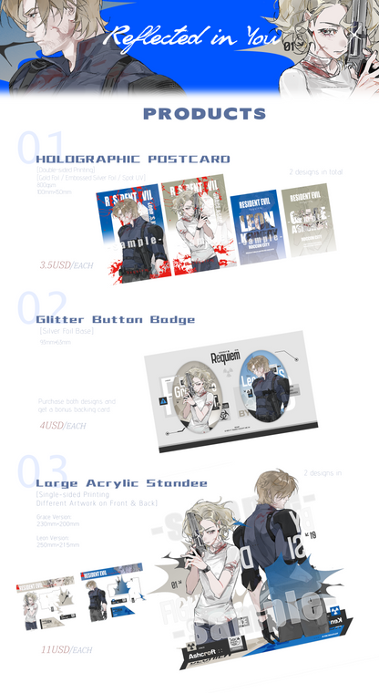 [Pre-order]RE9 Leon and Grace Ashcroft Postcard and Glitter Badge and Acrylic Standee
